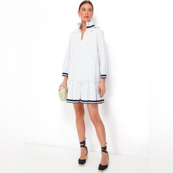 Tuckernuck Women Grosgrain Trim Oxford Stripe Bouvier Mini Dress Sz Small Preppy - Picture 1 of 11